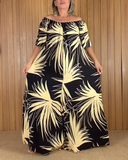Schulterfreies Kleid mit Blattmuster