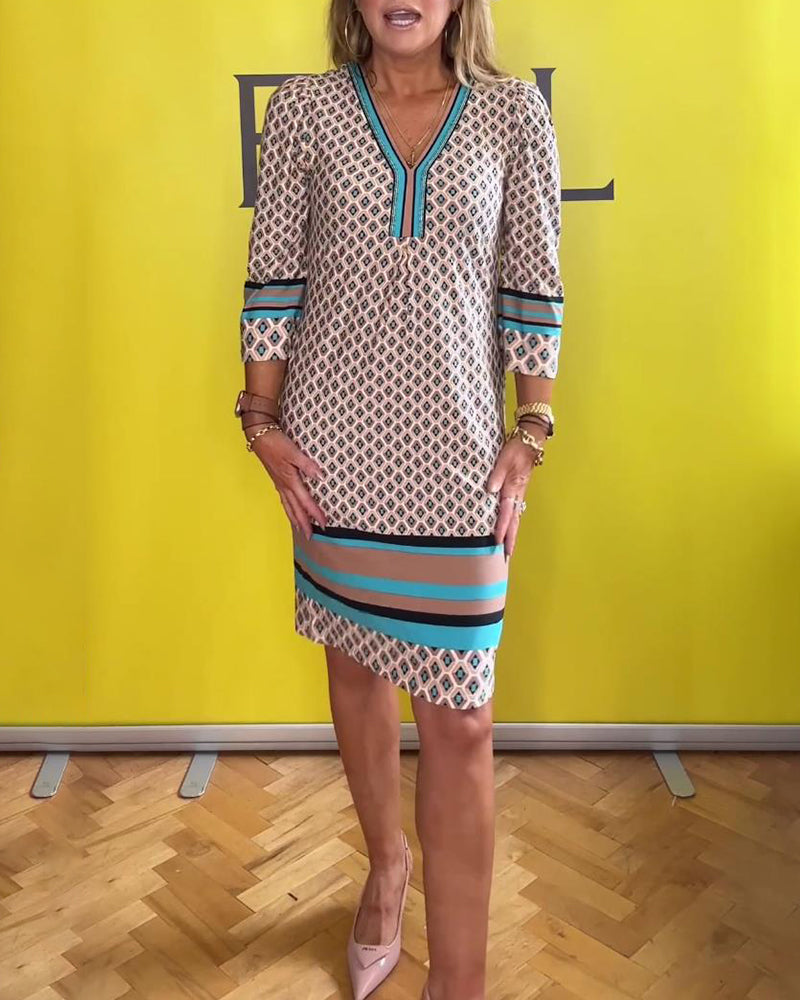 Casual V-neck printed three-quarter sleeve dress casual dresses spring summer