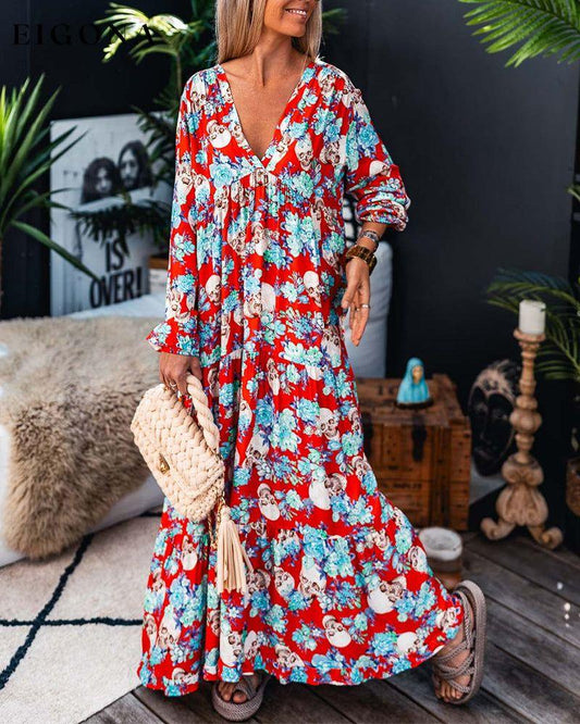 Floral skull print deep V long-sleeve vacation dress spring summer vacation dresses