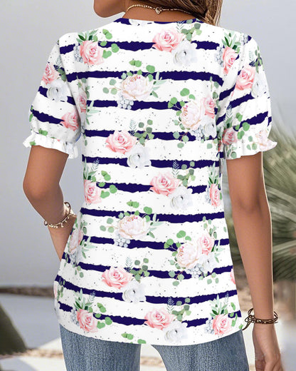 V-Neck Lace Hollow Printed Short-Sleeved Blouse