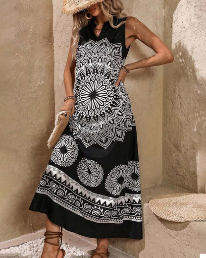 Retro print pocket sleeveless maxi dress casual dresses summer vacation dresses