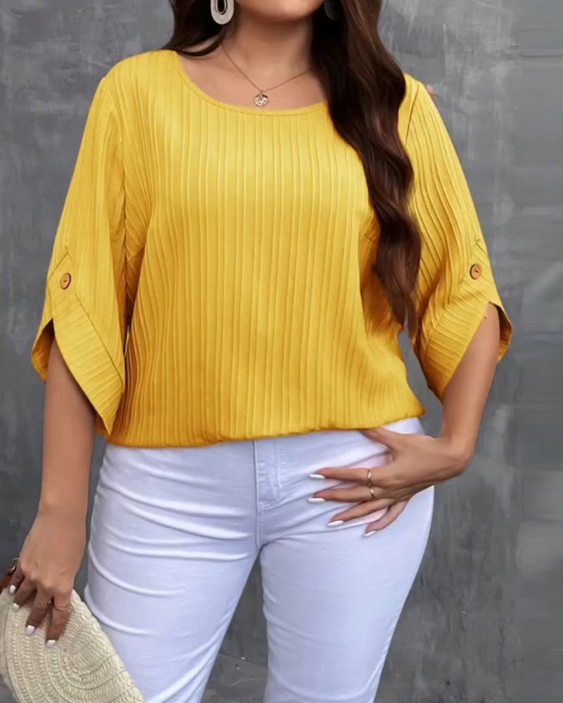 Round Neck Pleated Short Sleeve Blouse