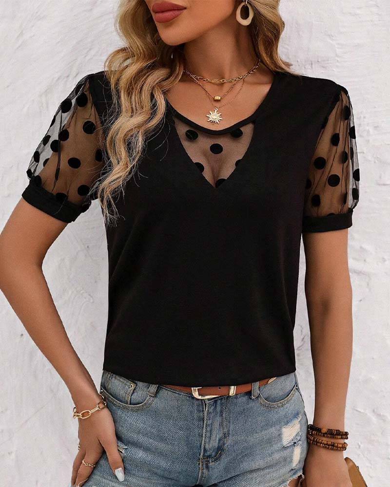 Polka Dot Mesh Contrast Short Puff Sleeve T-Shirt