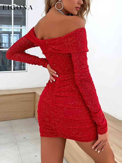Off-Shoulder Ruched Red Long Sleeve Mini Dress clothes D%W dress dresses evening dress evening dresses long sleeve dress long sleeve dresses Ship From Overseas short dresses