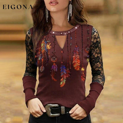 Ladies Fashion Retro Lace Stitching Printed Long Sleeve Top top tops