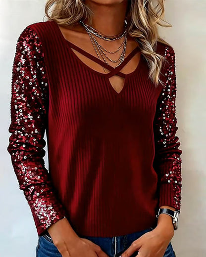 Sequin Panel Long-Sleeved Top
