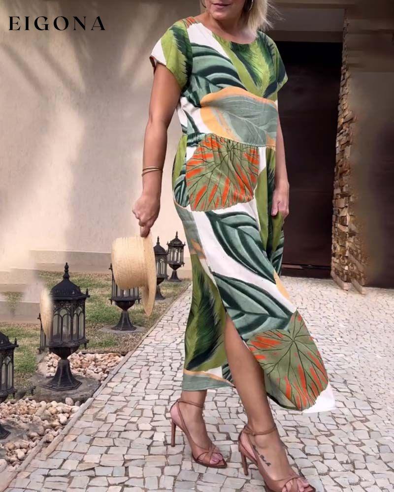 Leaf print short sleeve slit dress casual dresses summer