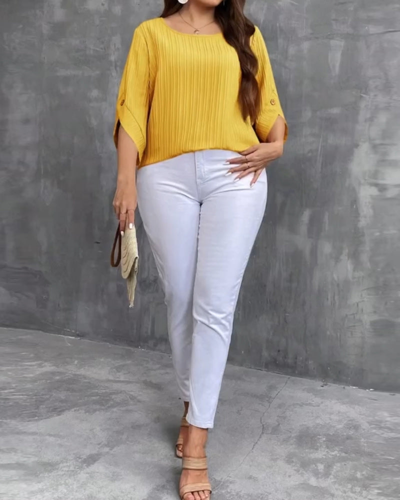 Round Neck Pleated Short Sleeve Blouse