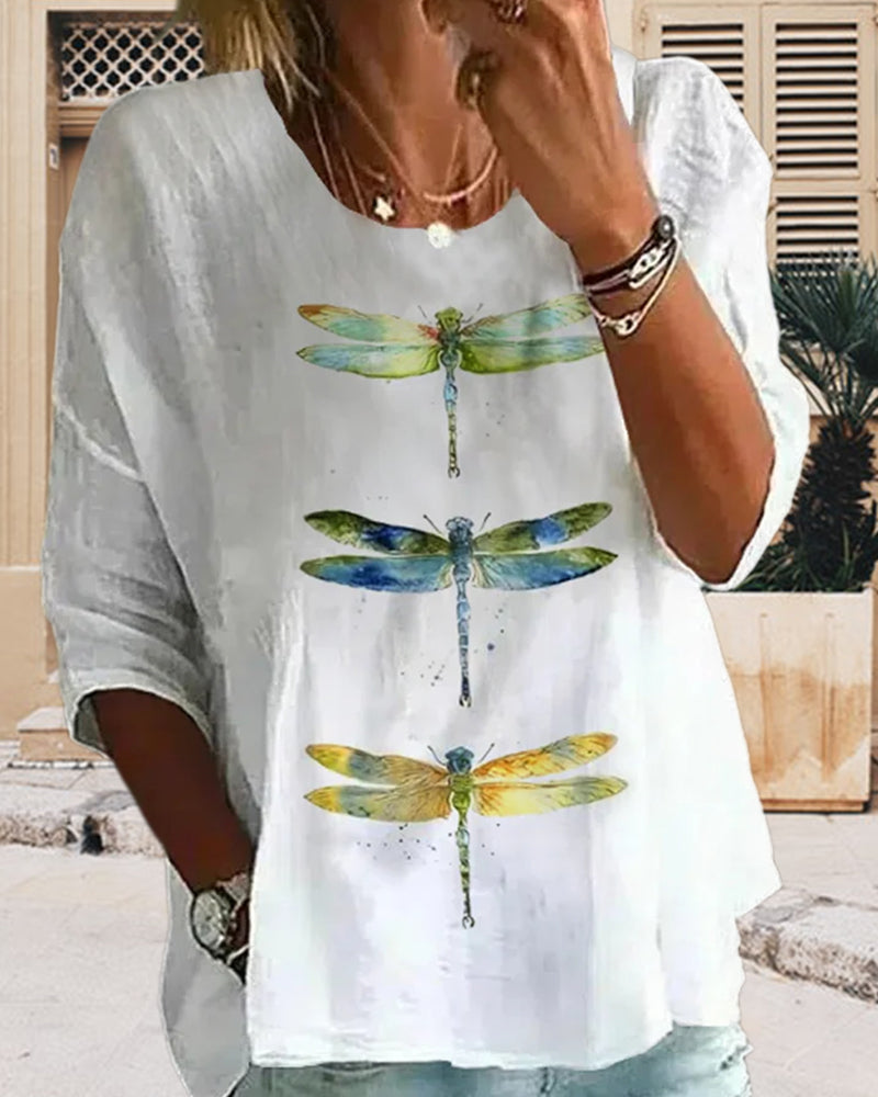 Casual dragonfly print three-quarter sleeve top 202466 blouses & shirts spring summer