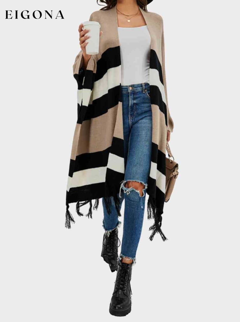 Striped Open Front Fringe Cardigan clothes D.L Ship From Overseas