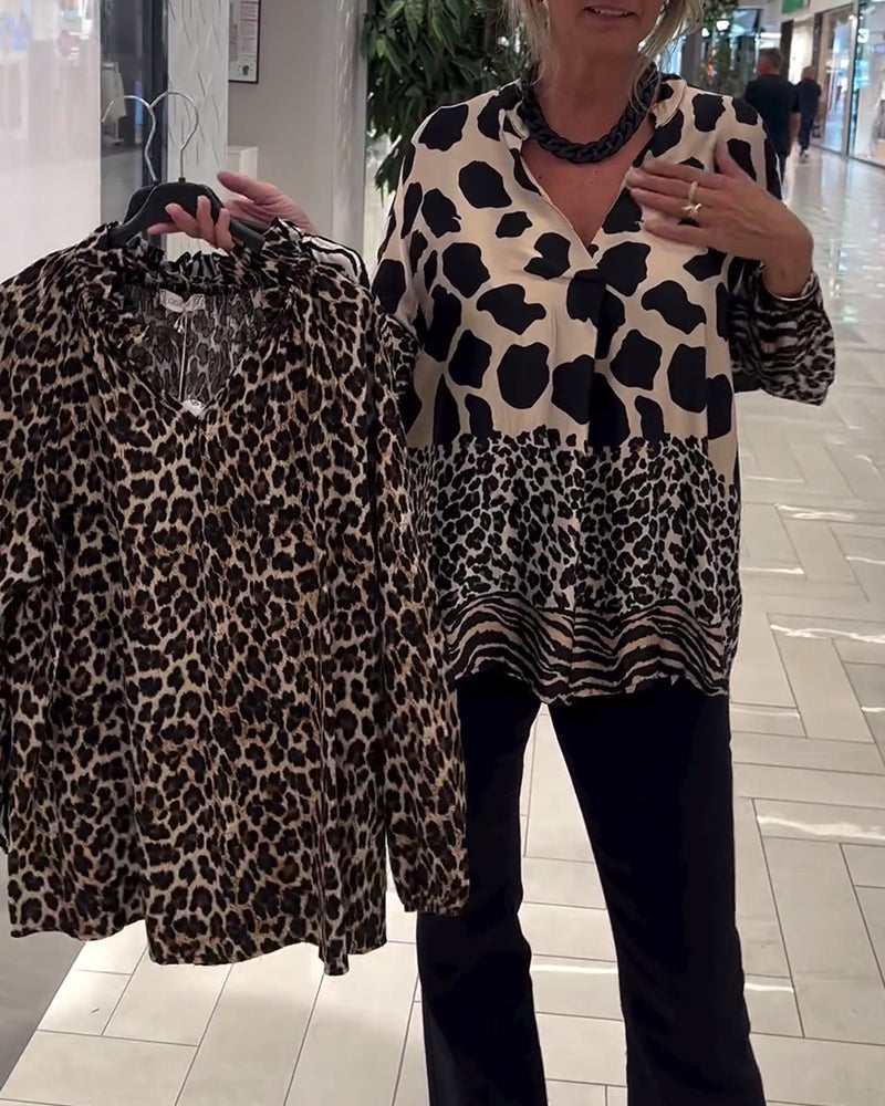 V-neck leopard print casual blouse