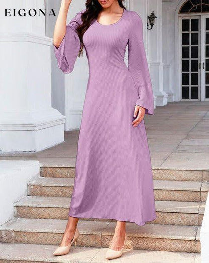 Tie Back Ribbed Round Neck Long Sleeve Dress casual dresses clothes dresses long sleeve dress long sleeve dresses maxi dress Ship From Overseas Y&M