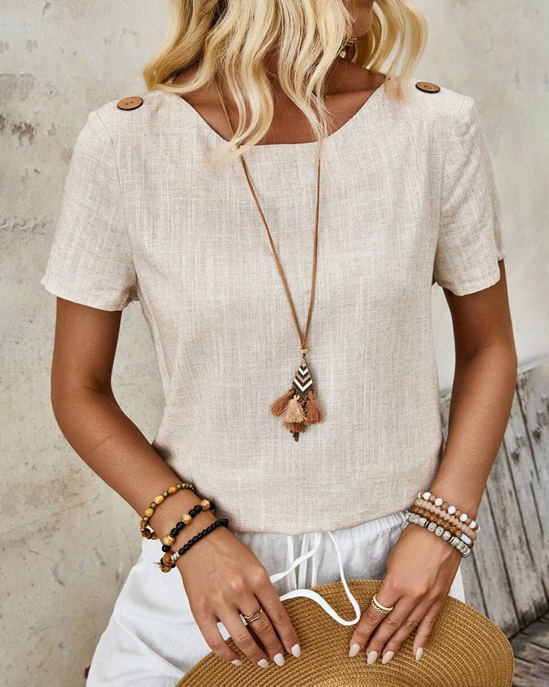 Kurzarm-T-Shirt aus Baumwolle und Leinen mit Rundhalsausschnitt