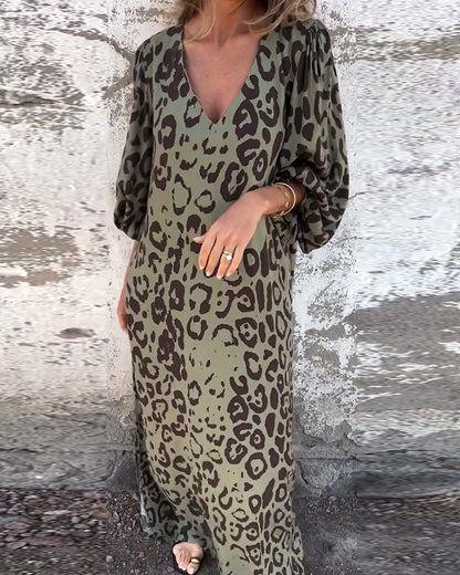 V-Neck Leopard Print Lantern Sleeve Dress