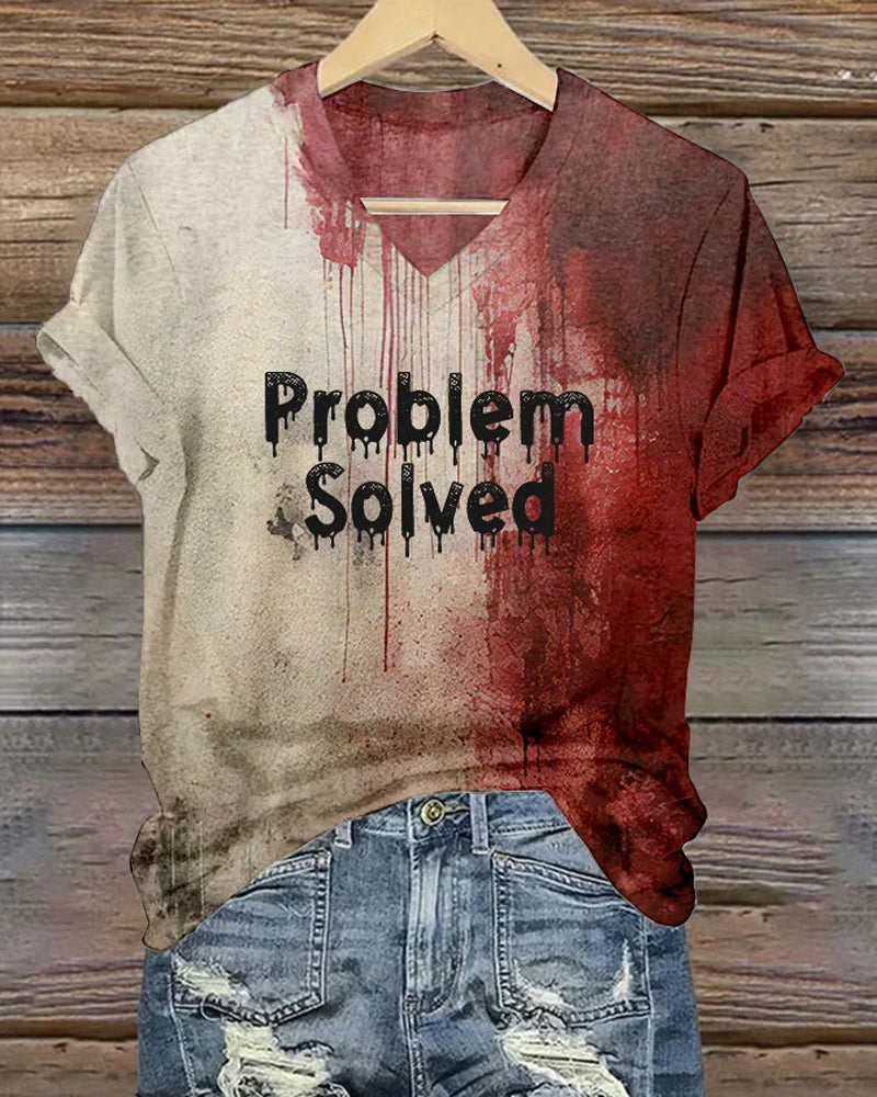 Women's V-neck T-shirt with "Bloody Problem Solved" Halloween print halloween summer t-shirts