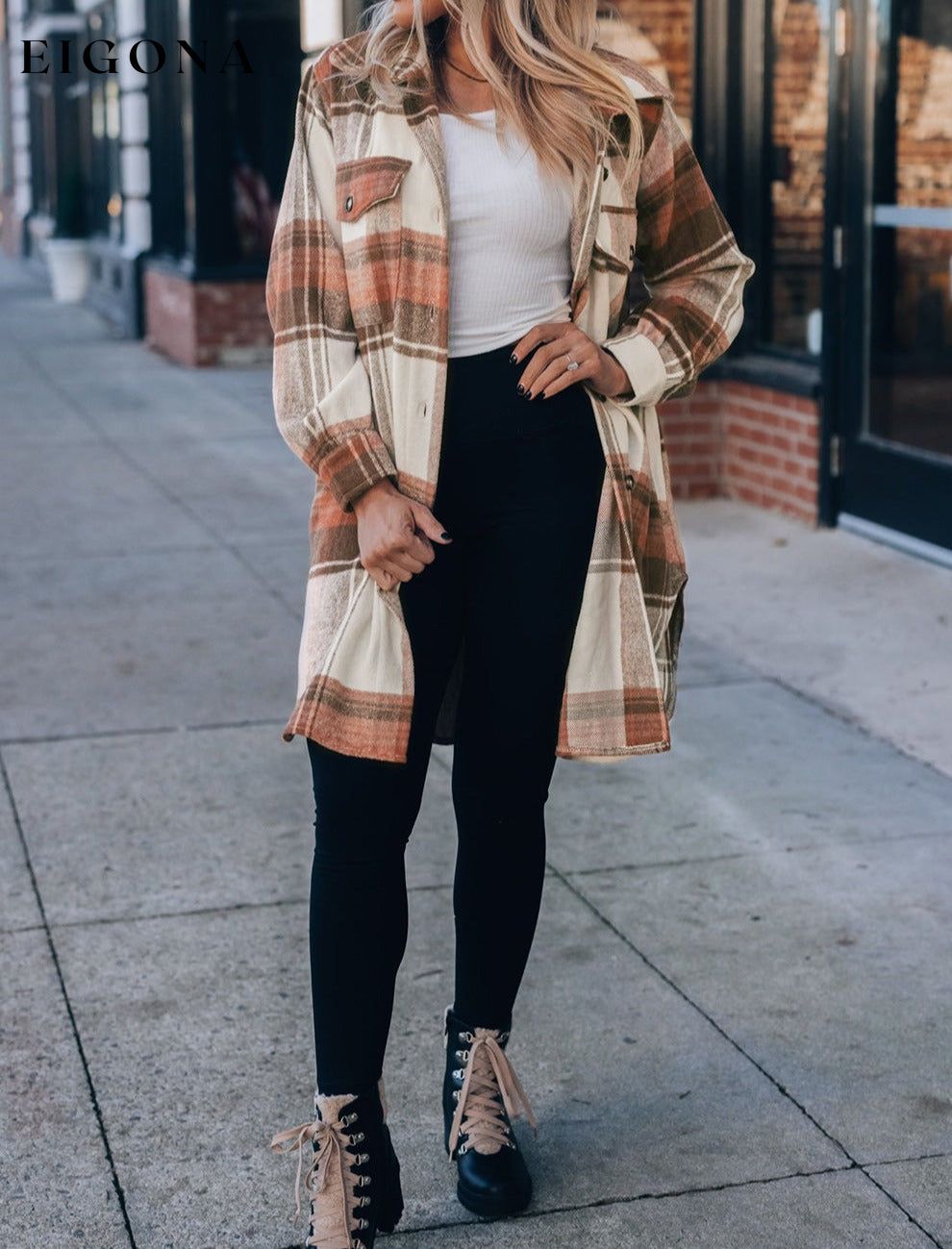 Brown Plaid Print Flap Pockets Long Shacket All In Stock Category Shacket clothes DL Exclusive DL Out West Fall To Winter Hot picks jacket Jackets & Coats Occasion Daily Print Plaid Season Winter Style Casual