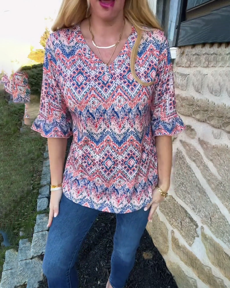 Lässige Bluse mit Trompetenärmeln und V-Ausschnitt