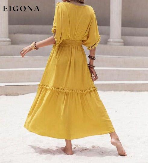 Tassel Trim Smocked V-Neck Short Sleeve Maxi Dress casual dresses clothes dress dresses H.R.Z long sleeve dress maxi dress Ship From Overseas short dress short sleeve short sleeve dress short sleeve dresses