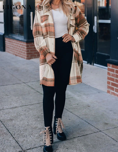 Brown Plaid Print Flap Pockets Long Shacket All In Stock Category Shacket clothes DL Exclusive DL Out West Fall To Winter Hot picks jacket Jackets & Coats Occasion Daily Print Plaid Season Winter Style Casual