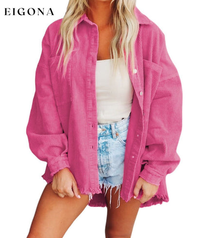 Bright Pink Corded Dual Chest Pocket Raw Hem Shacket All In Stock Category Shacket clothes Color Pink Craft Distressed EDM Monthly Recomend Fabric Corduroy Occasion Daily Print Solid Color Season Fall & Autumn Style Southern Belle