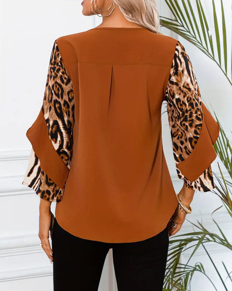 Round Neck Leopard Print Contrast Top