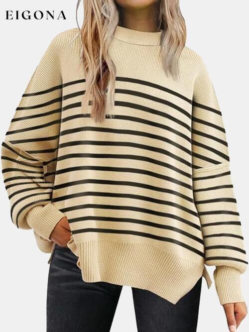 Round Neck Drop Shoulder Slit Sweater Apricot Black clothes R.T.S.C Ship From Overseas Sweater sweaters Sweatshirt
