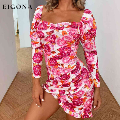 Floral Ruched Leg-Of-Mutton Sleeve Dress Floral casual dress casual dresses clothes D%W dress dresses long sleeve dress long sleeve dresses Ship From Overseas short dress short dresses
