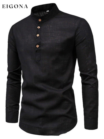 Men's Solid Color Button Stand Collar Long Sleeve Cotton Linen POLO Shirt men s linens