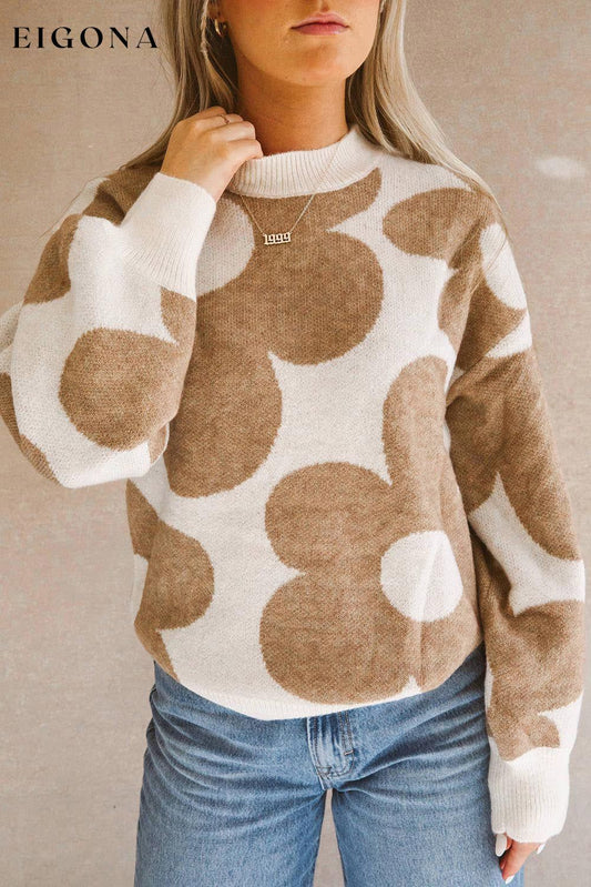 Big Flower Pattern Drop Shoulder Sweater Khaki 50%Viscose+28%Polyester+22%Polyamide Best Sellers clothes EDM Monthly Recomend Occasion Daily Print Floral Print Vintage Floral Season Fall & Autumn Style Southern Belle Sweater sweaters Sweatshirt