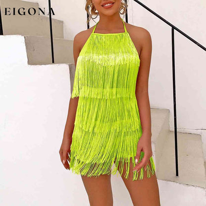 Fringed Halter Neck Tied Back Mini Dress Mint Green clothes D%W Ship From Overseas