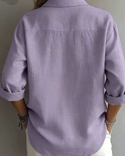 Solid Color Lapel Half-Placket Long Sleeve Blouse