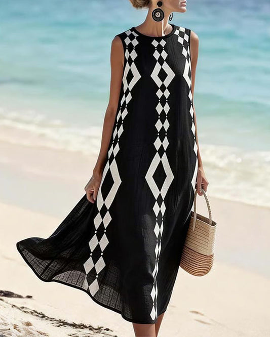 Sleeveless Diamond Pattern Loose Dress