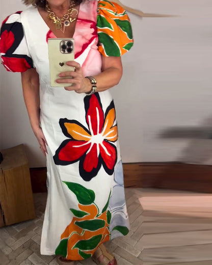 Puff Sleeve V-Neck Floral Temperament Long Dress