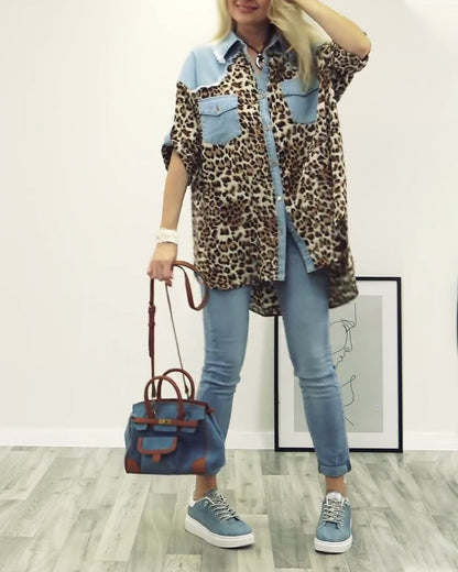 Casual leopard print denim patchwork shirt 2024 f/w blouses & shirts spring