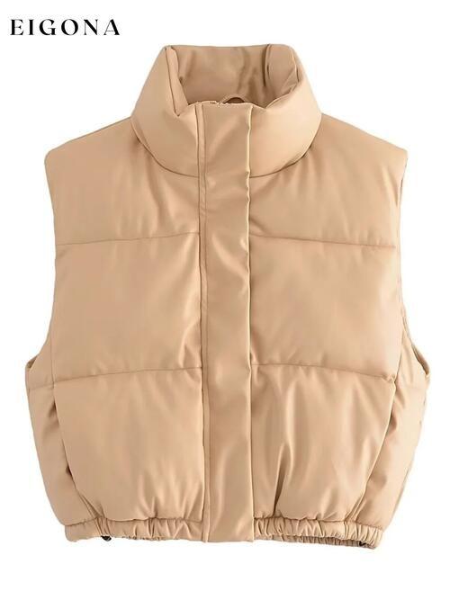 PU Leather Zip Up Drawstring Vest Tan clothes K&BZ Ship From Overseas