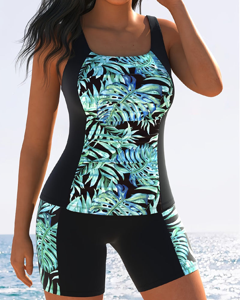Palm Leaf Print Boyshort Tankini