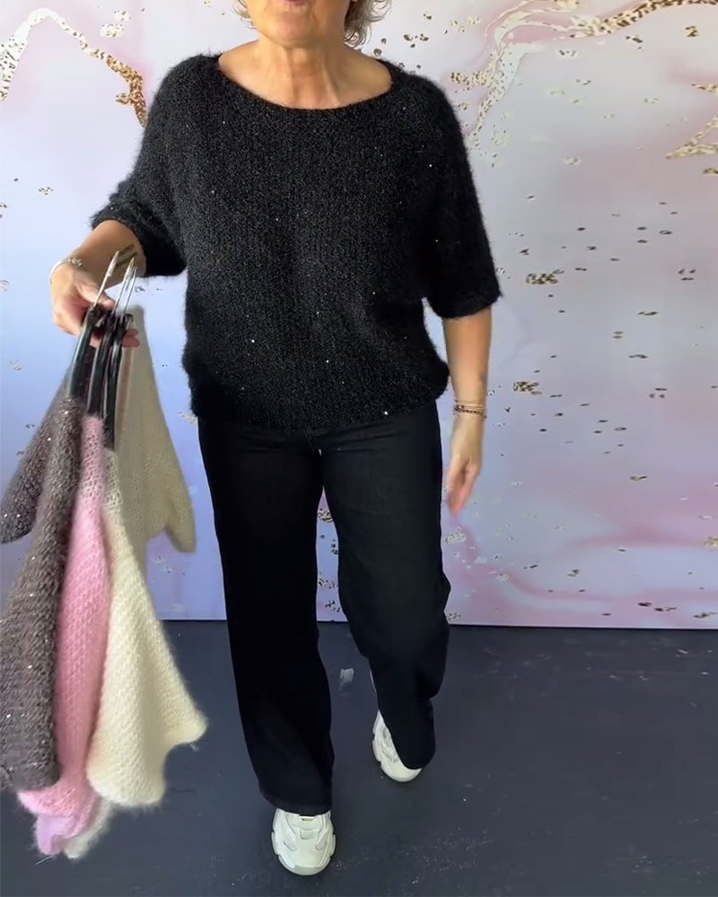 Half-Sleeved Round Neck Sequin Sweater
