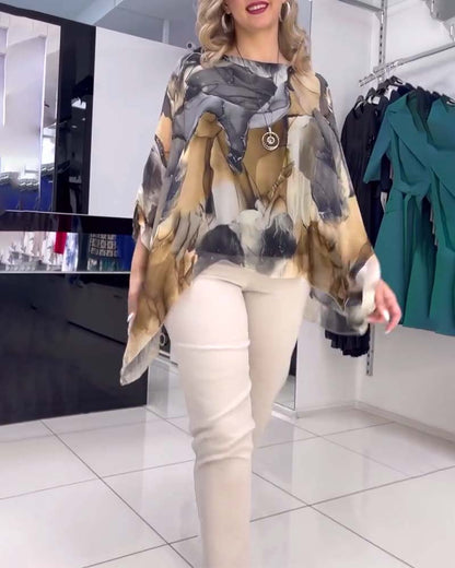 Round Neck Printed Irregular Blouse