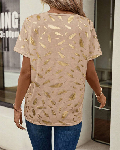 Lässiges T-Shirt mit V-Ausschnitt und Blattdruck