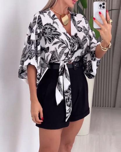 V-Neck Printed Lace-Up Short Blouse