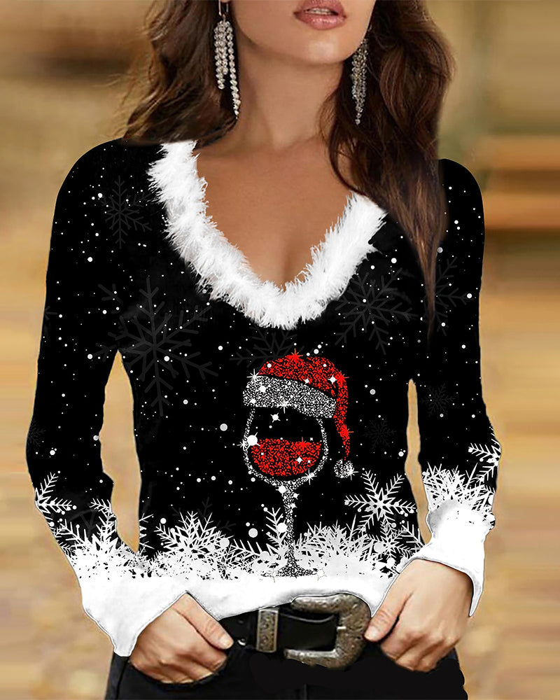 Printed V neck Long Sleeve Top 2023 f/w 23BF blouse&shirts Blouses & Shirts chrismas