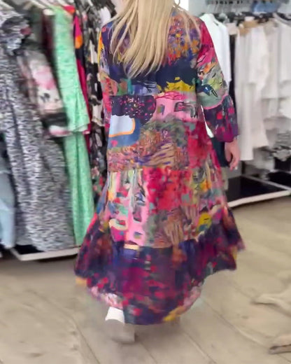 Trumpet Sleeve Loose Print Swing Dress