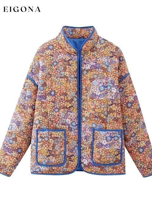 Floral Open Front Puffer Jacket with Pockets Peacock Blue clothes K&BZ Ship From Overseas