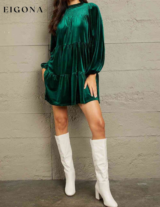 Full Size Velvet Short Casual Tiered Dress BFCM - Up to 70 Percent Off Black Friday casual dresses clothes dresses GeeGee Green dress green dresses long dress long sleeve long sleeve dresses Ship from USA short dresses