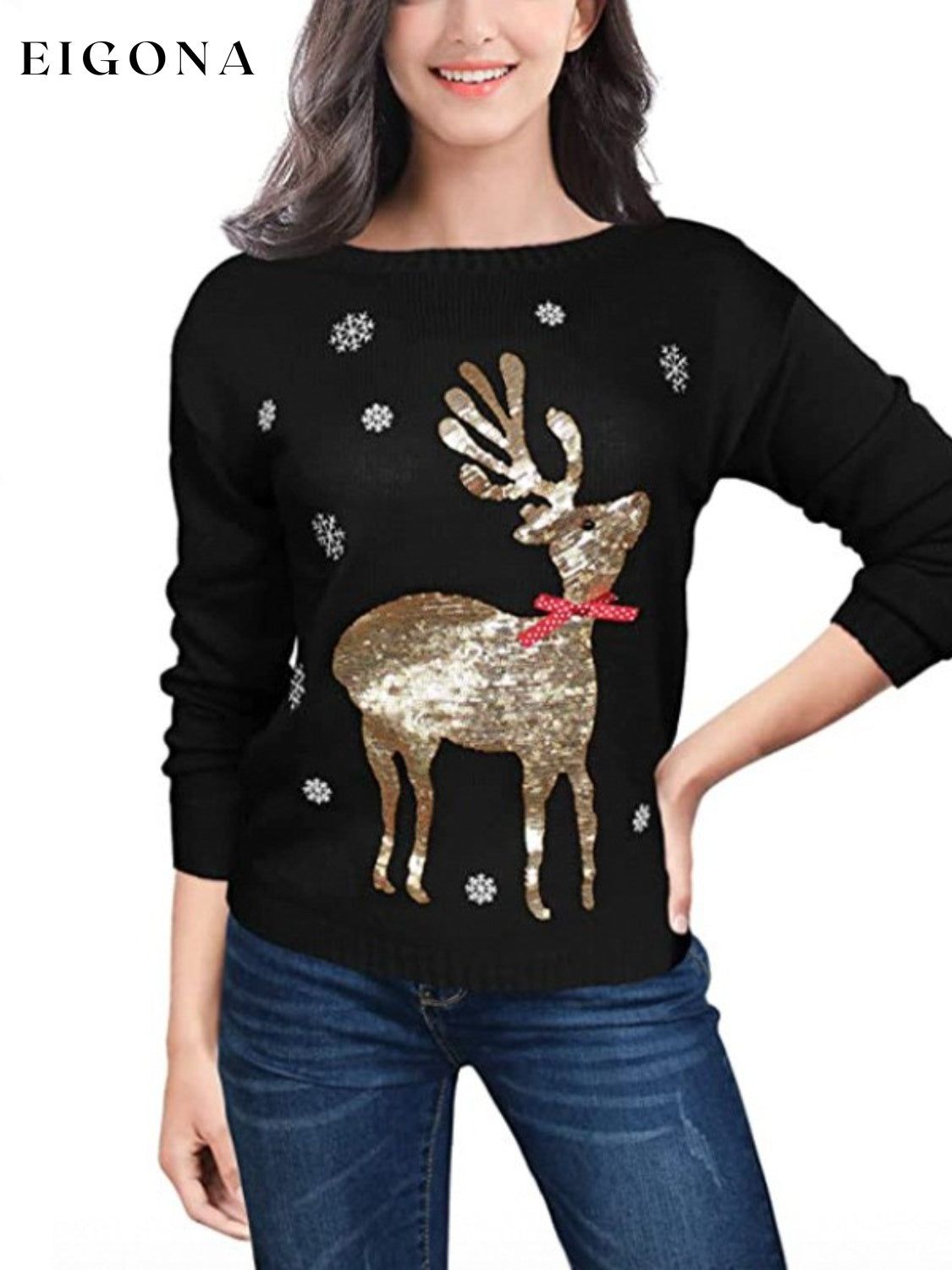 Sequin Reindeer Graphic Ugly Christmas Sweater Black C.J@MZ christmas sweater clothes holiday sweater holiday sweaters Ship From Overseas