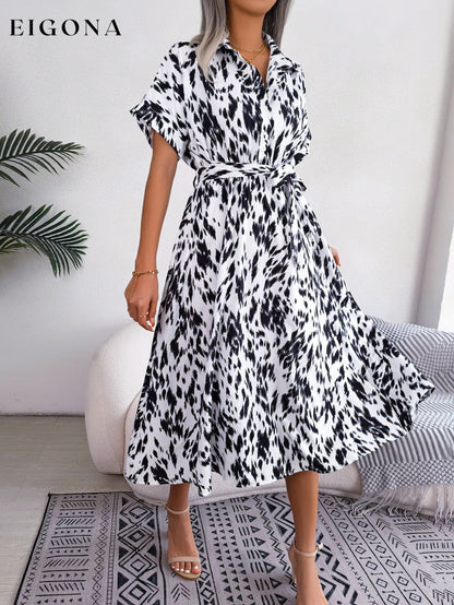 Printed Collared Neck Short Sleeve Tie Waist Dress B.J.S casual dress casual dresses clothes dress dresses midi dress Ship From Overseas short sleeve short sleeve dress