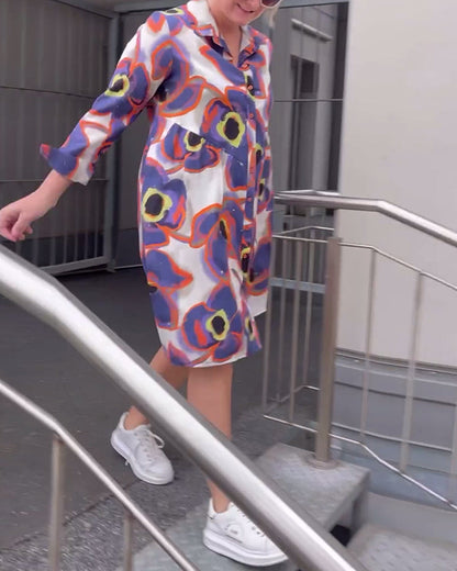 Printed lapel casual long sleeve dress casual dresses spring summer