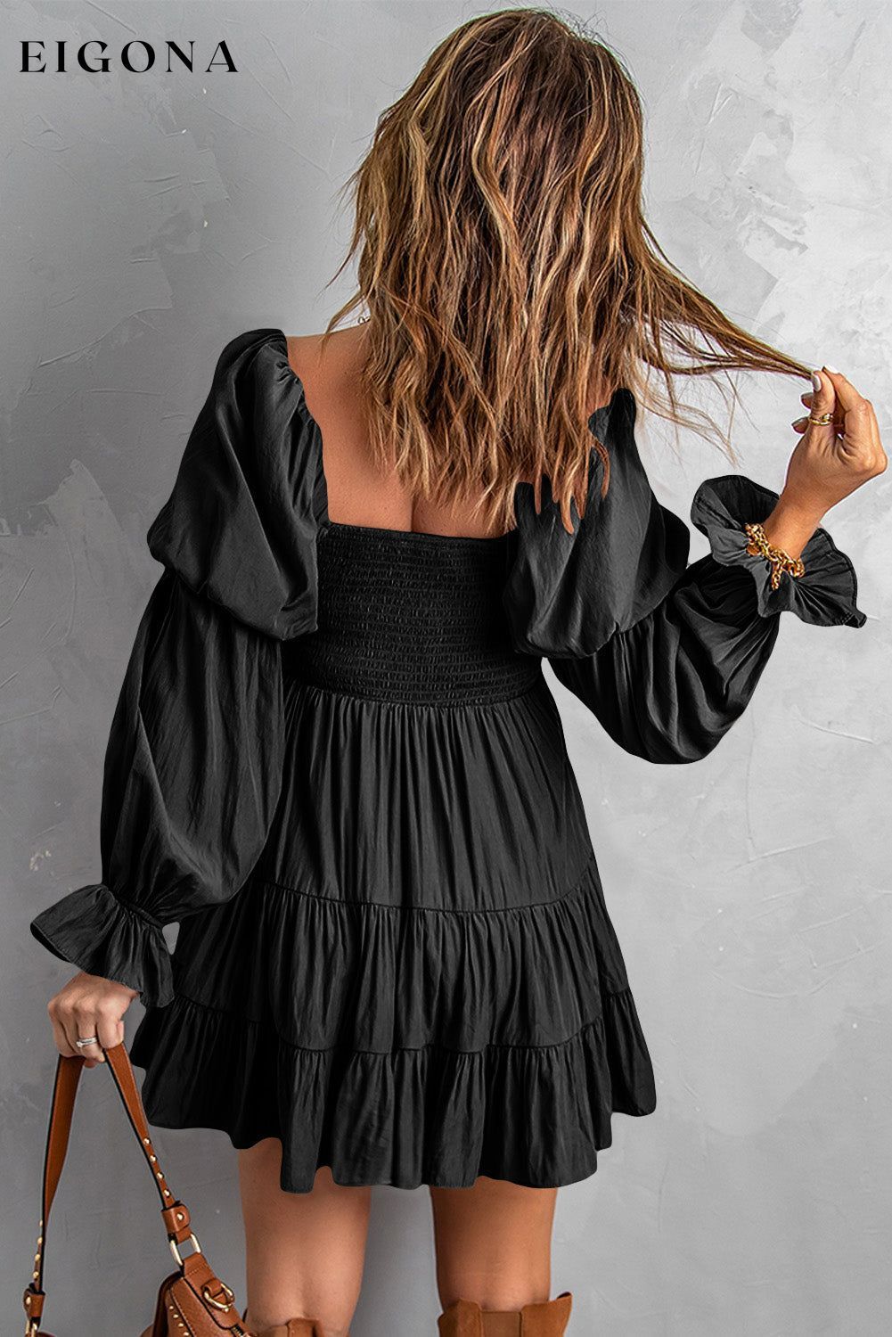 Smocked Off-Shoulder Tiered Mini Dress casual dress casual dresses clothes dress dresses long sleeve dress long sleeve dresses Ship From Overseas short dresses SYNZ