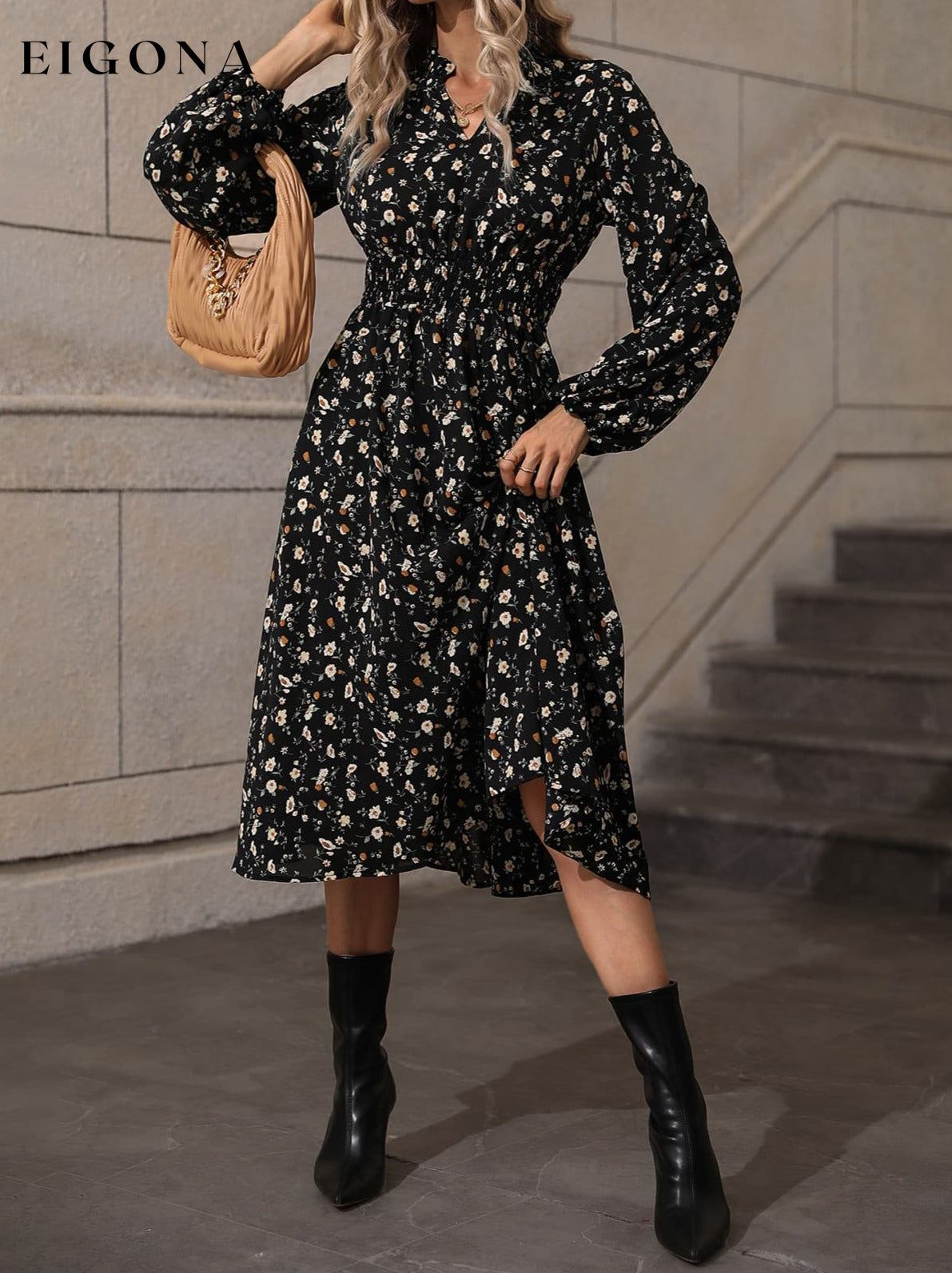 Printed Smocked Waist Notched Neck Midi Dress clothes Hanny Ship From Overseas Shipping Delay 09/29/2023 - 10/04/2023 trend