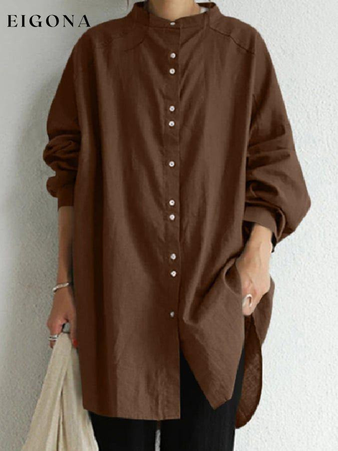 Stand Collar Contrast Button Loose Long Sleeve Casual Shirt cotton linens